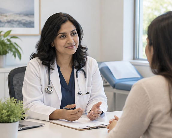 Doctor in a white coat speaking with a patient in a consultation room