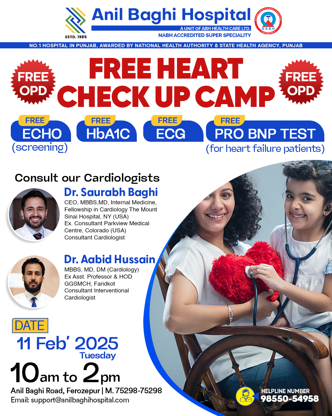 Doctor performing an ECG test on a patient at a free cardiology screening camp